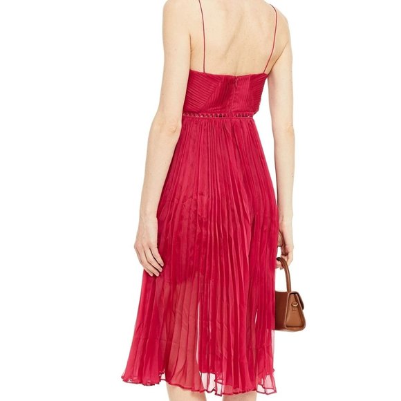 NEW SELF-PORTRAIT Layered lace and pleated chiffon midi dress hot pink NWT - Picture 5 of 9